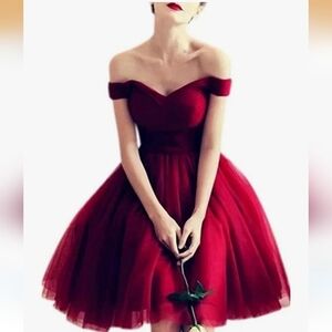 Hebeos Elegant Off-Shoulder Red Dress, Sz 2